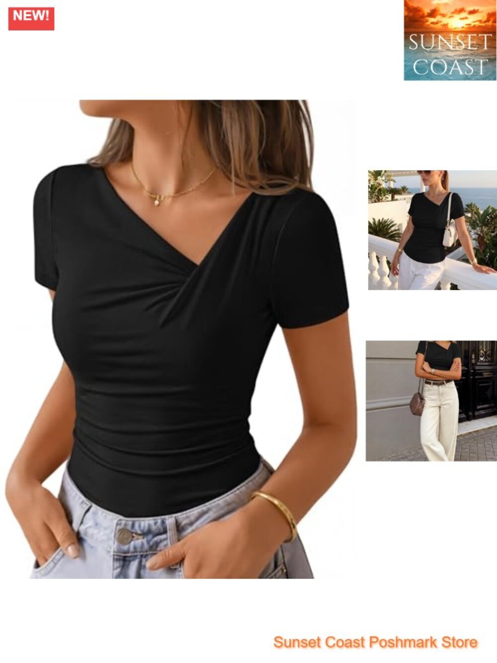 Asymmetrical Ruched V-Neck Slim Fit Short Sleeve T-Shirt Women's Summer